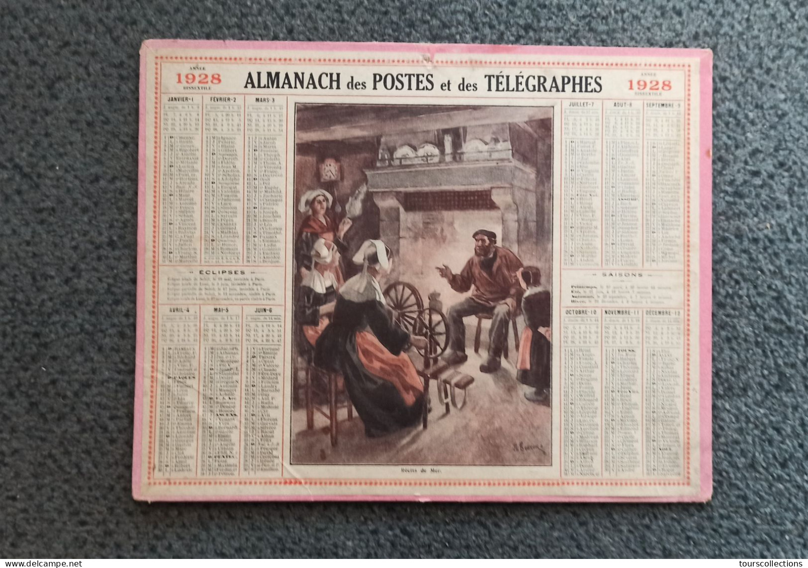 CALENDRIER 1928 POSTES PTT - Illustration Récits De Mer Marin En Bretagne Devant La Cheminée - Femme Au Rouet Quenouille - Formato Grande : 1921-40