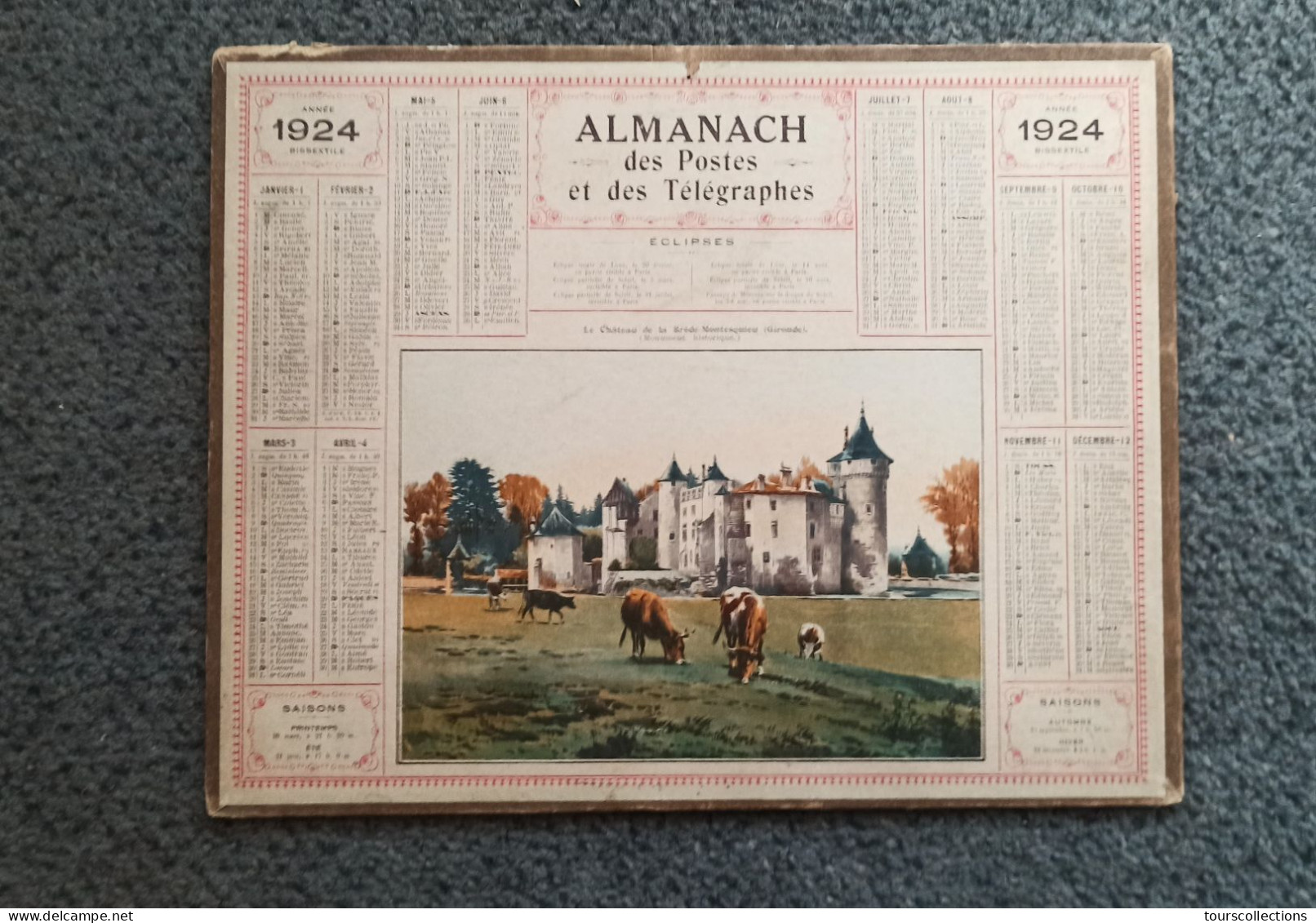 CALENDRIER 1924 POSTES PTT - Illustration Le Château De La Brède Montesquieu (33 Gironde) Troupeau De Vaches - Big : 1921-40