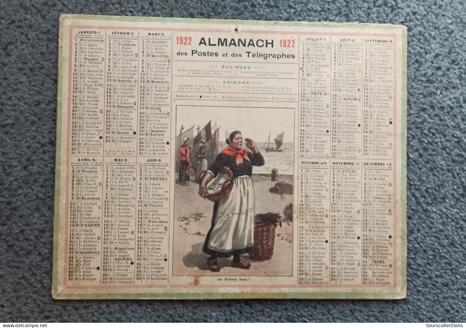 CALENDRIER 1922 POSTES PTT - Illustration Marinière Au Poisson Frais ! Port De Pêche - Tamaño Grande : 1921-40