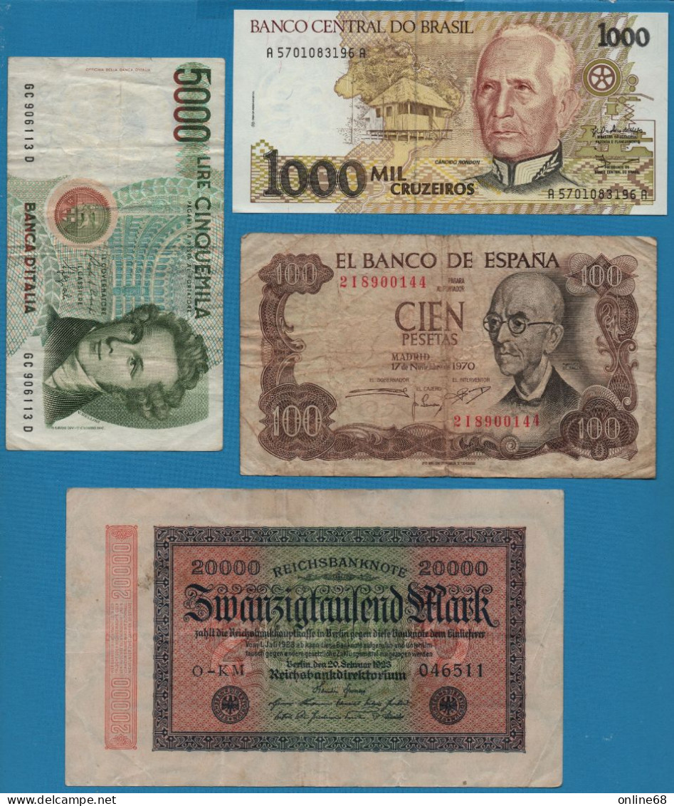 LOT BILLETS 4 BANKNOTES:  DEUTSCHES REICH - ITALIA - BRASIL - ESPANA - Lots & Kiloware - Banknotes