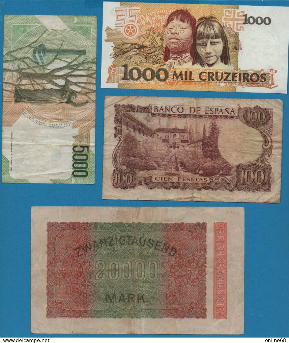 LOT BILLETS 4 BANKNOTES:  DEUTSCHES REICH - ITALIA - BRASIL - ESPANA - Kiloware - Banknoten