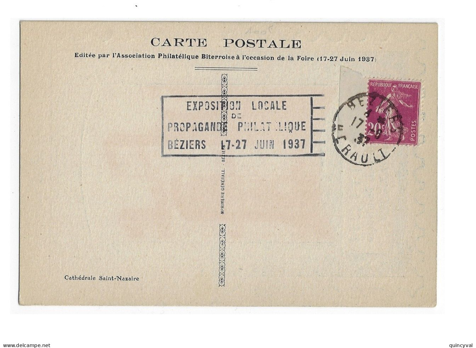 BEZIERS Hérault Carte Postale 20c Semeuse Yv 139  Ob Flamme Exposition Propagande PHILATELIQUE 17-27 Juin 1937 - 1906-38 Sower - Cameo