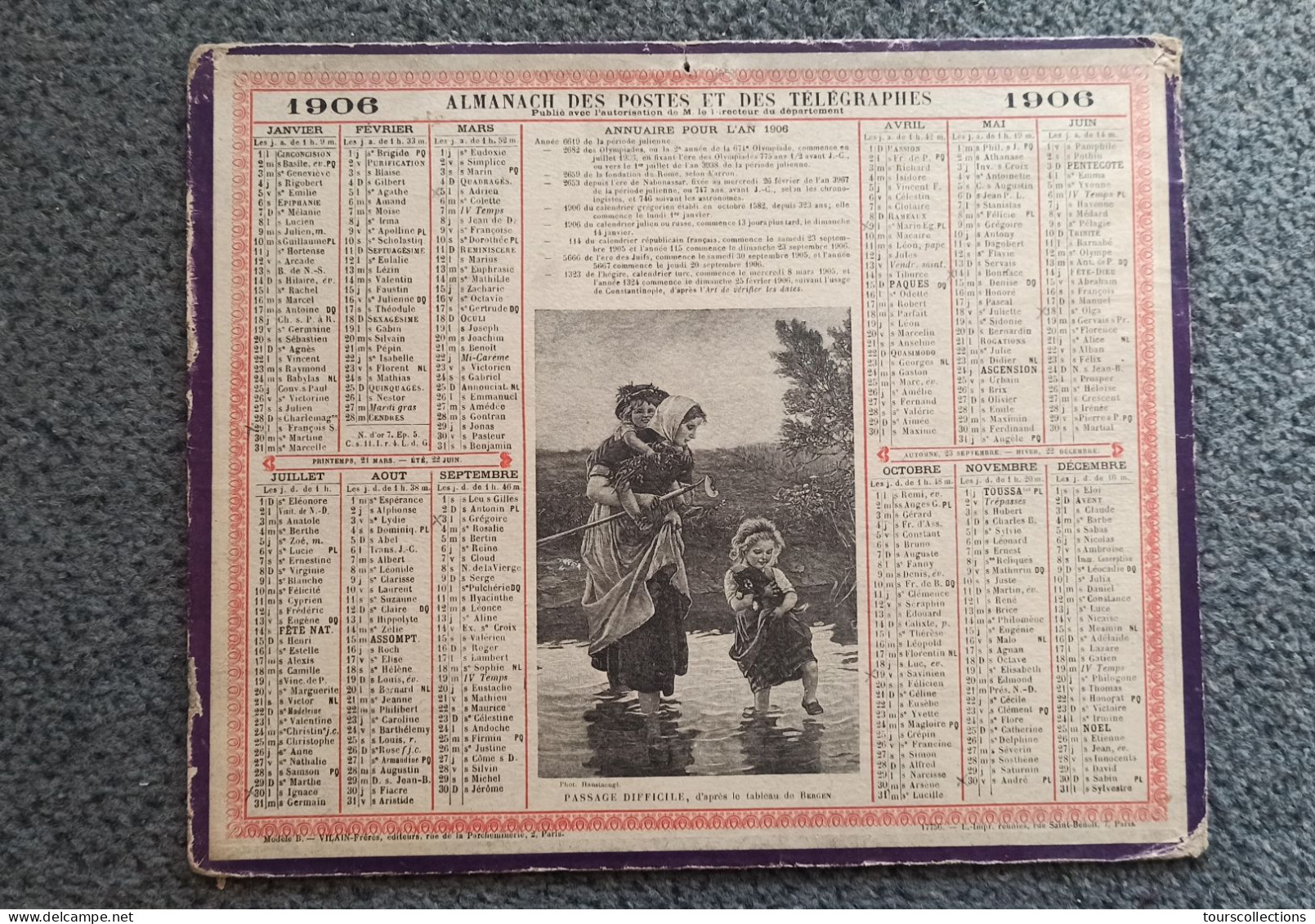 CALENDRIER 1906 POSTES PTT - Illustration Passage D'un Gué Difficile Femme Et Ses Deux Filles - Tableau De Bergen - Grossformat : 1901-20