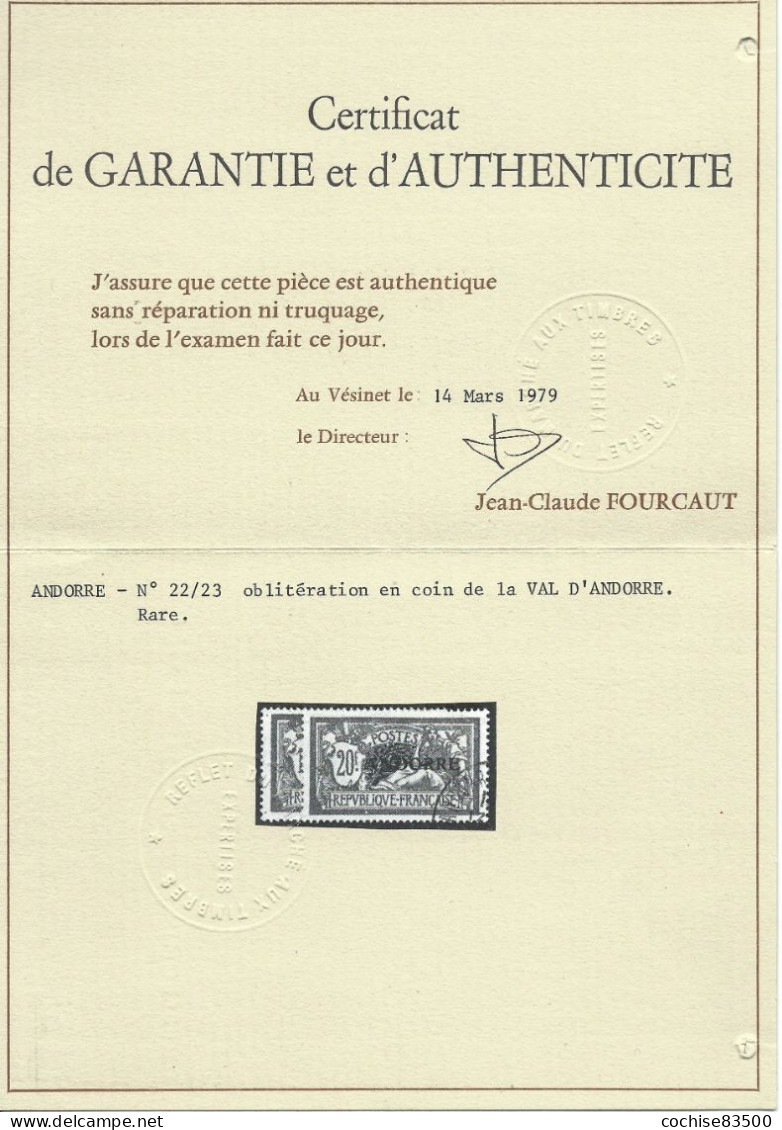 Andorre N°22/23 Obl (FU) 1931 - Timbres Français Surchargé - Avec Certificat Et Signé - Gebruikt