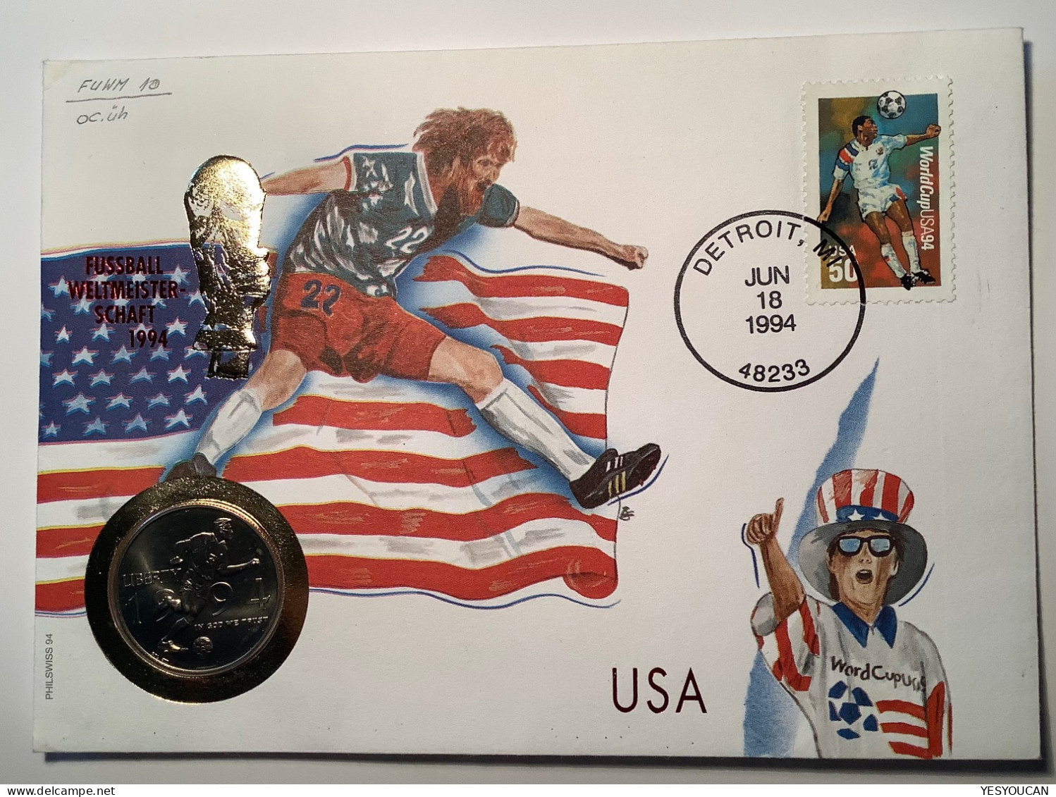 USA Half Dollar Coin 1994 FIFA FOOTBALL WORLDCUP CHAMPIONSHIP SOCCER Numisletter Detroit (Numisbrief Fussball WM Monnaie - Covers & Documents