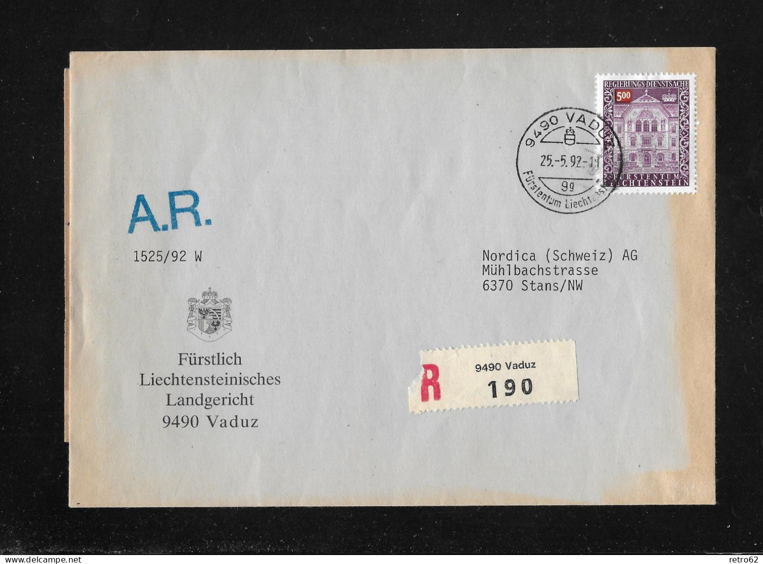 1976 - 1989 DIENSTPOST  ►Chargè Brief Fürstlich Liechtensteinisches Landgericht VADUZ Nach STANS   ►SBK-D72◄ - Dienstzegels