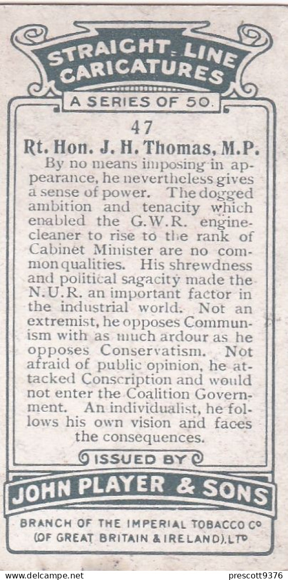 47 Rt Hon JH Thomas MP -  Straight Line Caricatures 1926 - Players Cigarette Card - Player's