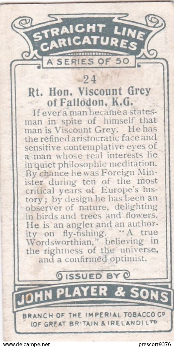 24 Rt Hon Viscount Grey  -   Straight Line Caricatures 1926 - Players Cigarette Card - Player's