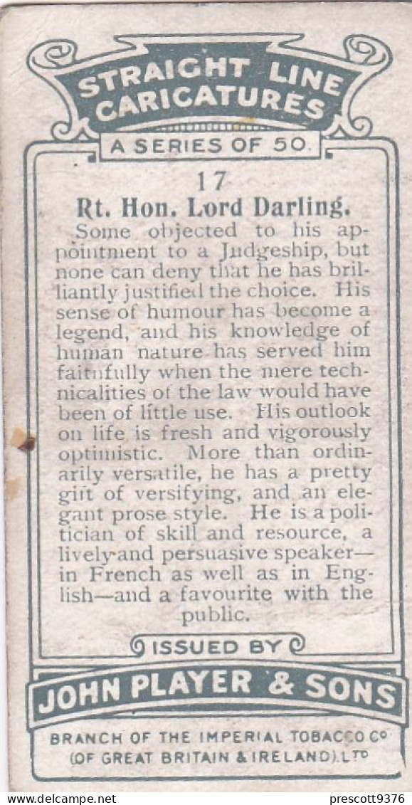 17 Rt Hon Lord Darling  -   Straight Line Caricatures 1926 - Players Cigarette Card - Player's