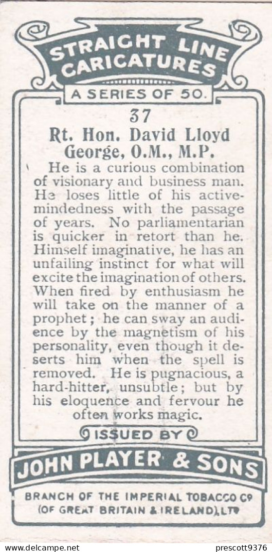 37 Rt Hon David Lloyd George MP -   Straight Line Caricatures 1926 - Players Cigarette Card - Player's