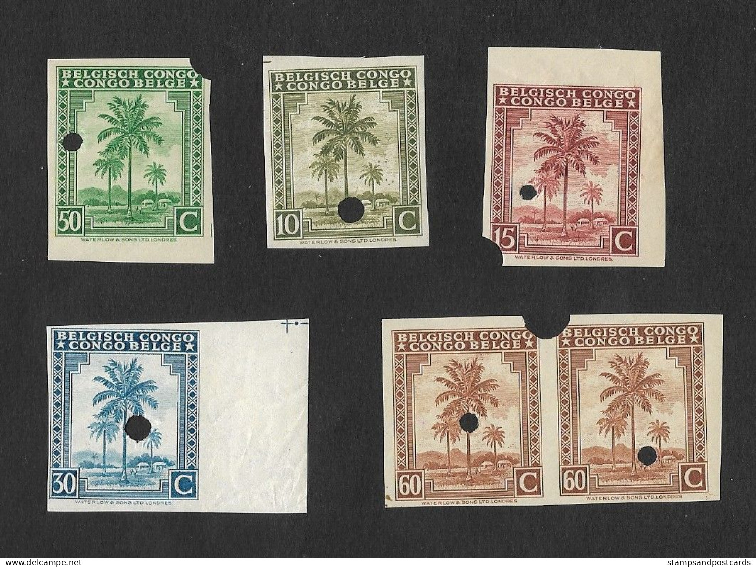 Congo Belge Belgique Belgian Congo 1942 épreuves Waterlon & Sons Punch Hole Proofs Palmier Palm Tree - Otros & Sin Clasificación