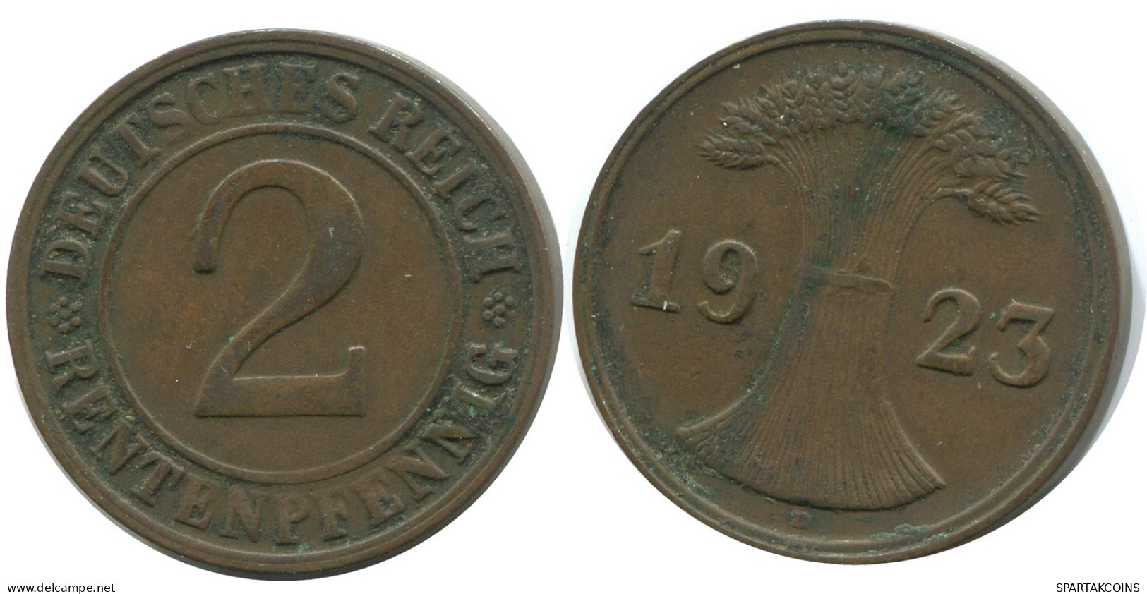 2 RENTENPFENNIG 1923 D GERMANY Coin #AE272.U - 2 Rentenpfennig & 2 Reichspfennig