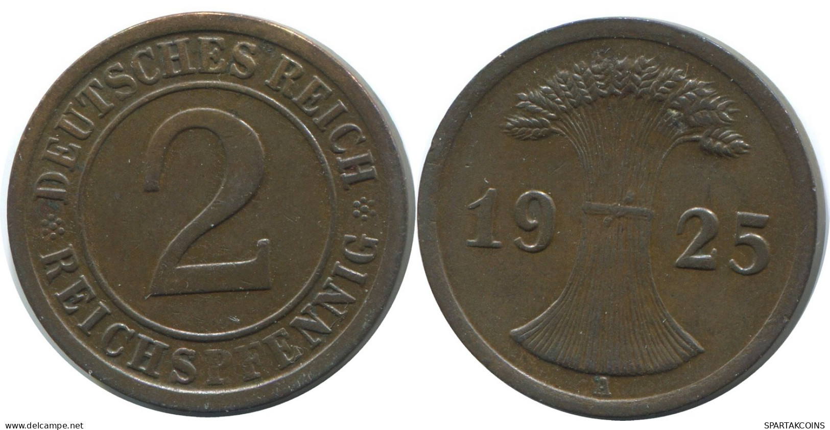 2 REICHSPFENNIG 1925 A GERMANY Coin #AE281.U - 2 Rentenpfennig & 2 Reichspfennig