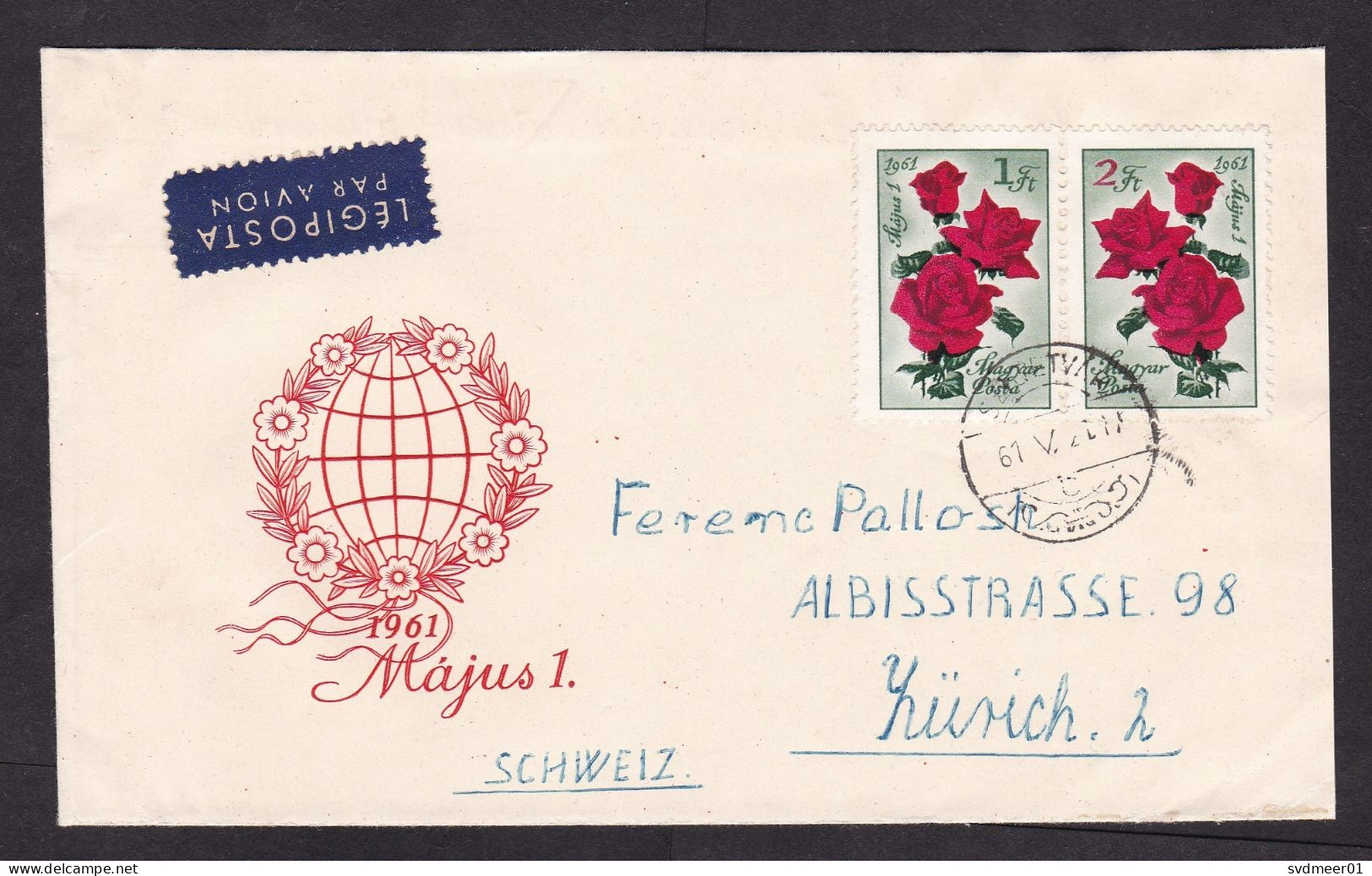 Hungary: Airmail Cover To Switzerland, 1961, 2 Stamps, Rose Flower, Air Label (minor Creases) - Briefe U. Dokumente