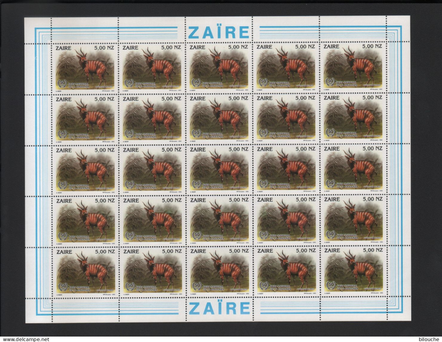 BUZIN /  ZAIRE 1994 /  50 ANS DU PARC DE LA GARAMBA  /  SERIE COMPLETE DE 6 FEUILLES (AVEC CELLE SURCHARGEE) - Unused Stamps