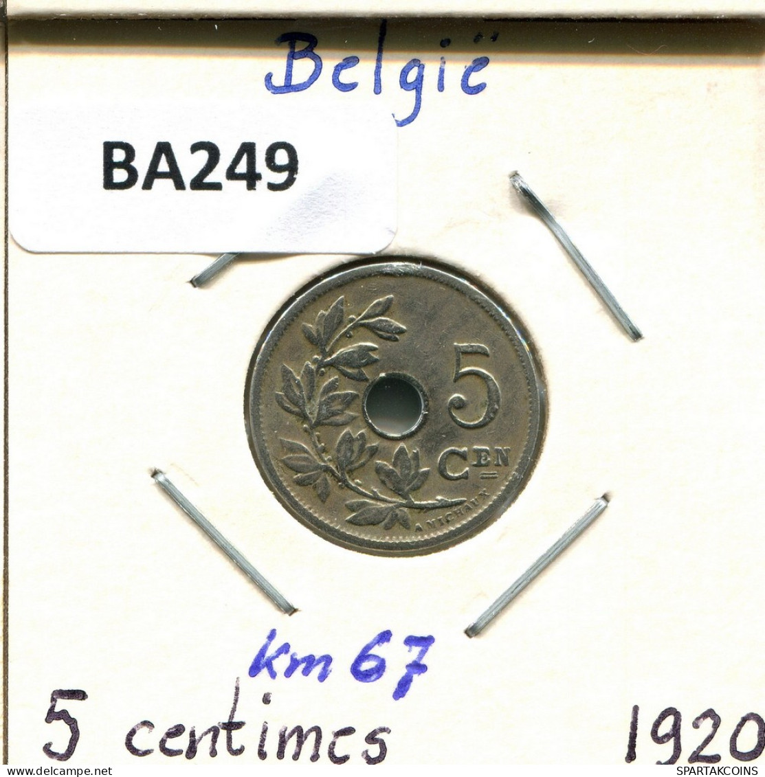 5 CENTIMES 1920 DUTCH Text BÉLGICA BELGIUM Moneda #BA249.E - 5 Cents