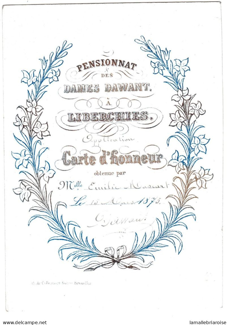 Belgique, "Carte Porcelaine" Porseleinkaart, Pensionnat Des Dames Dawant à Liberchies, Carte D'honneur, 1875 - Porzellan