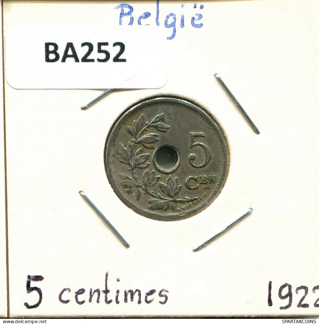 5 CENTIMES 1922 DUTCH Text BELGIQUE BELGIUM Pièce #BA252.F - 5 Centimes