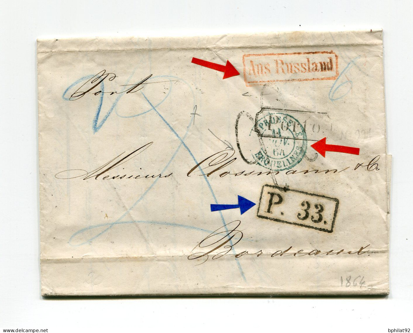 !!! LETTRE DE ST PETERSBOURG DE 1864 POUR BORDEAUX, AVEC MARQUE DE PROVENANCE "AUS RUSSLAND" - Cartas & Documentos