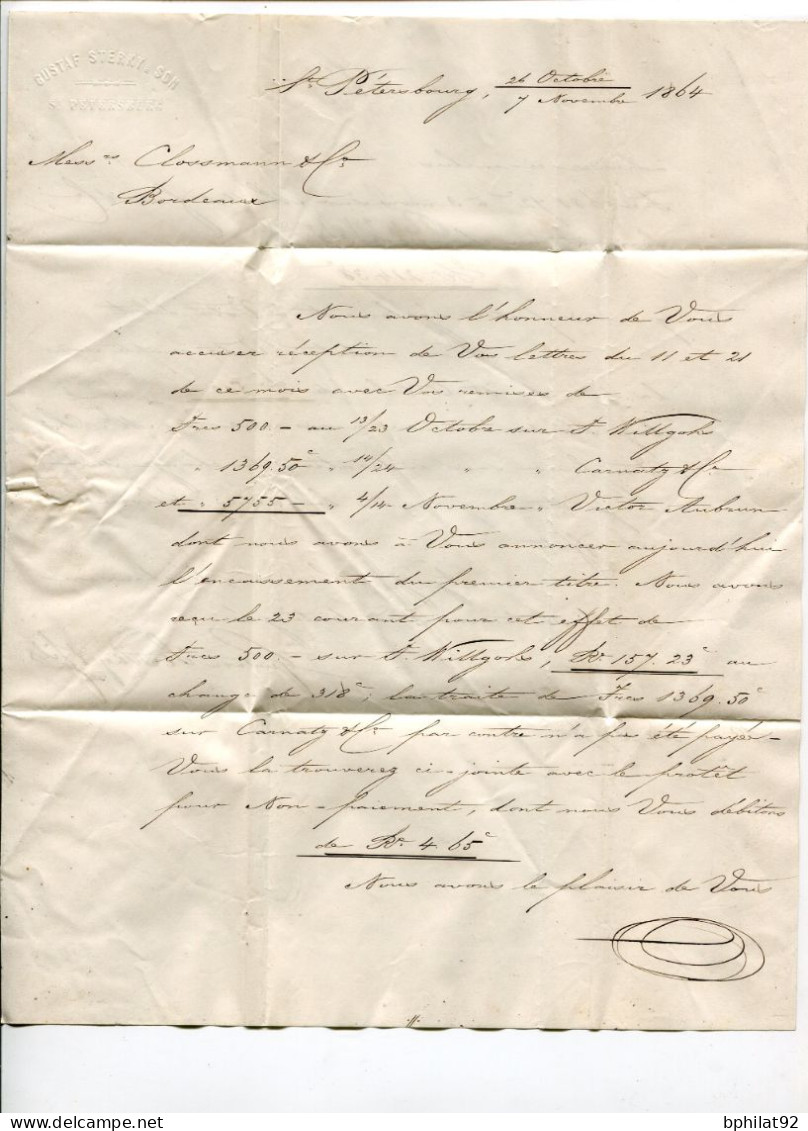 !!! LETTRE DE ST PETERSBOURG DE 1864 POUR BORDEAUX, AVEC MARQUE DE PROVENANCE "AUS RUSSLAND" - Covers & Documents