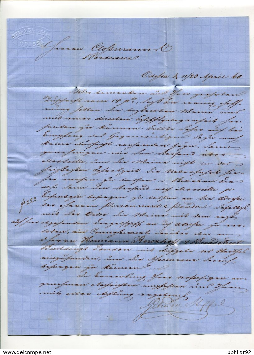 !!! LETTRE D'ODESSA DE 1860 POUR BORDEAUX, AVEC MARQUE DE PROVENANCE "AUS RUSSLAND" - Cartas & Documentos
