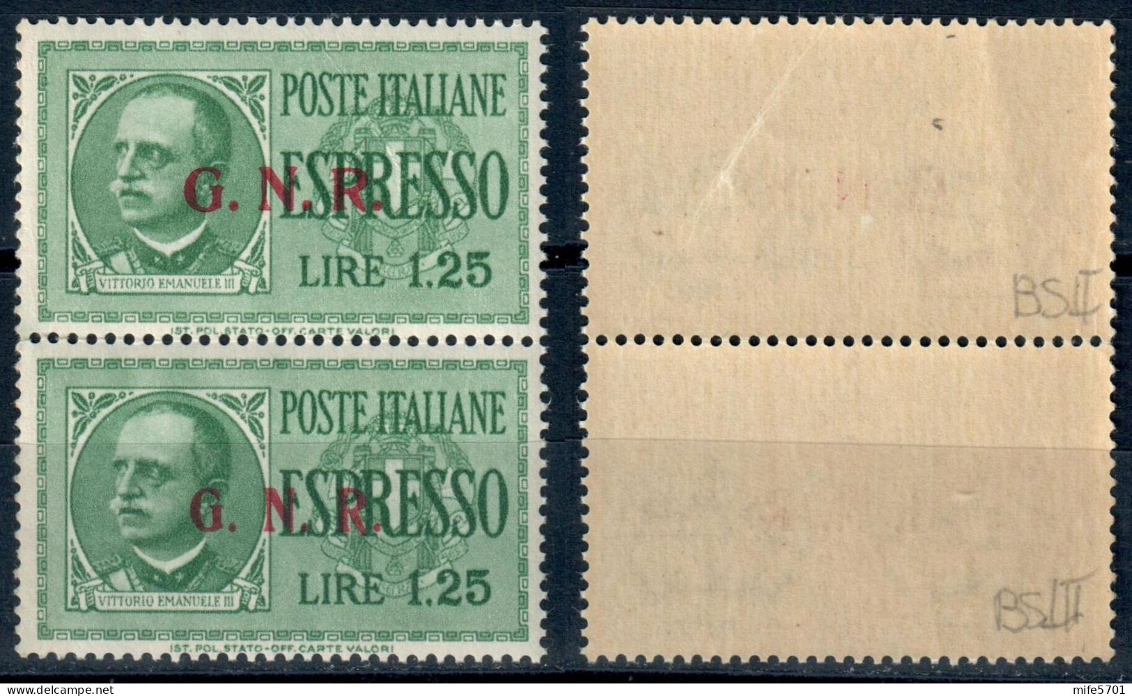 RSI COPPIA VERTICALE ESPRESSO L. 1,25 SOPRASTAMPA G.N.R. DEL II E III TIPO - NUOVI MNH ** - SASSONE E19II - E19III - Poste Exprèsse