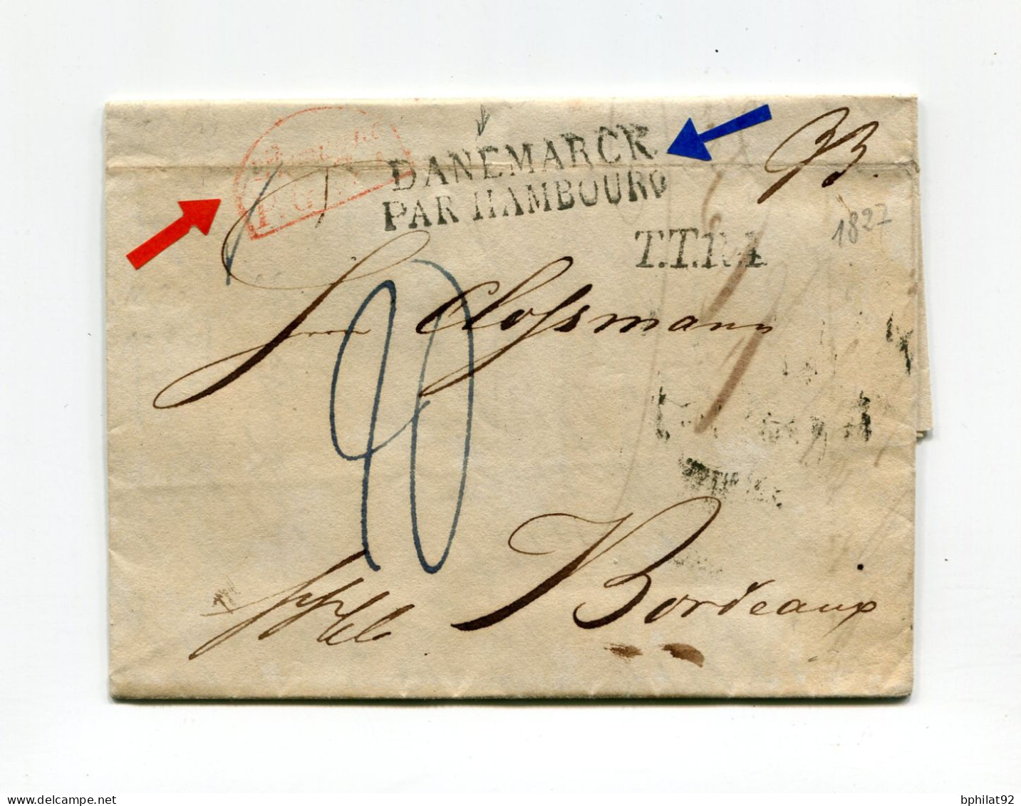 !!! LETTRE DE COPENHAGUE DE 1827 POUR BORDEAUX,  AVEC MARQUE DE PROVENANCE "DANEMARCK PAR HAMBOURG" - ...-1851 Prefilatelia