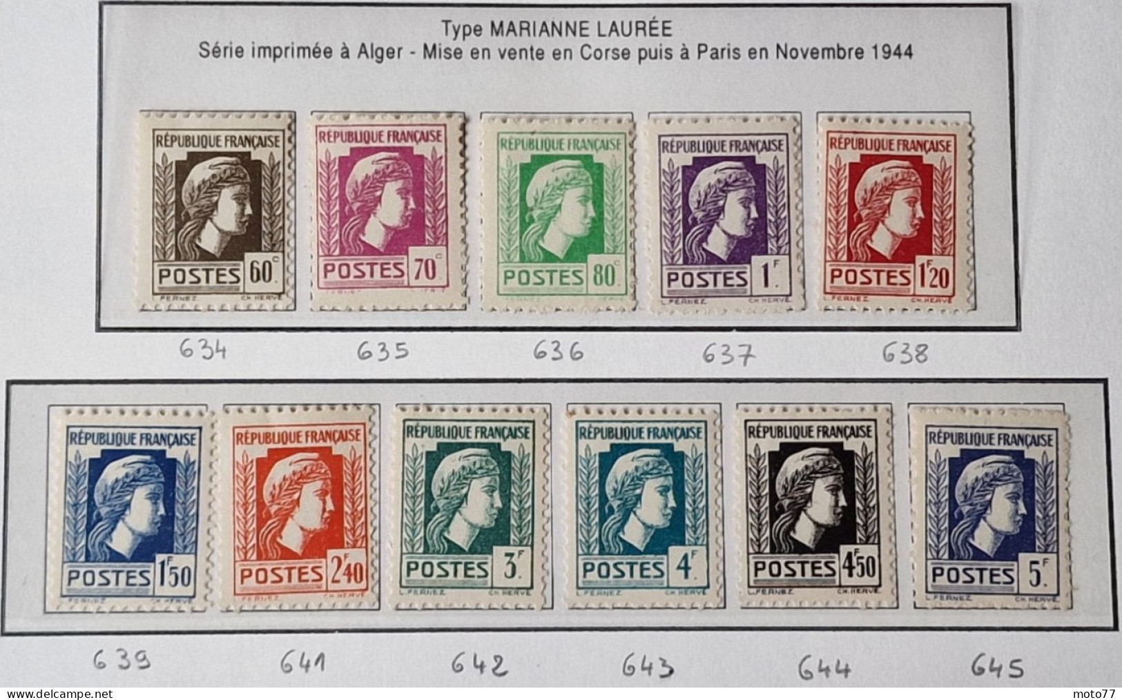 11 TIMBRE France N° 634 635 636 637 638 639 641 642 643 644 645 Neufs - 1944 - Yvert & Tellier 2003 Coté Minimum 10.55 € - 1944 Gallo E Marianna Di Algeri