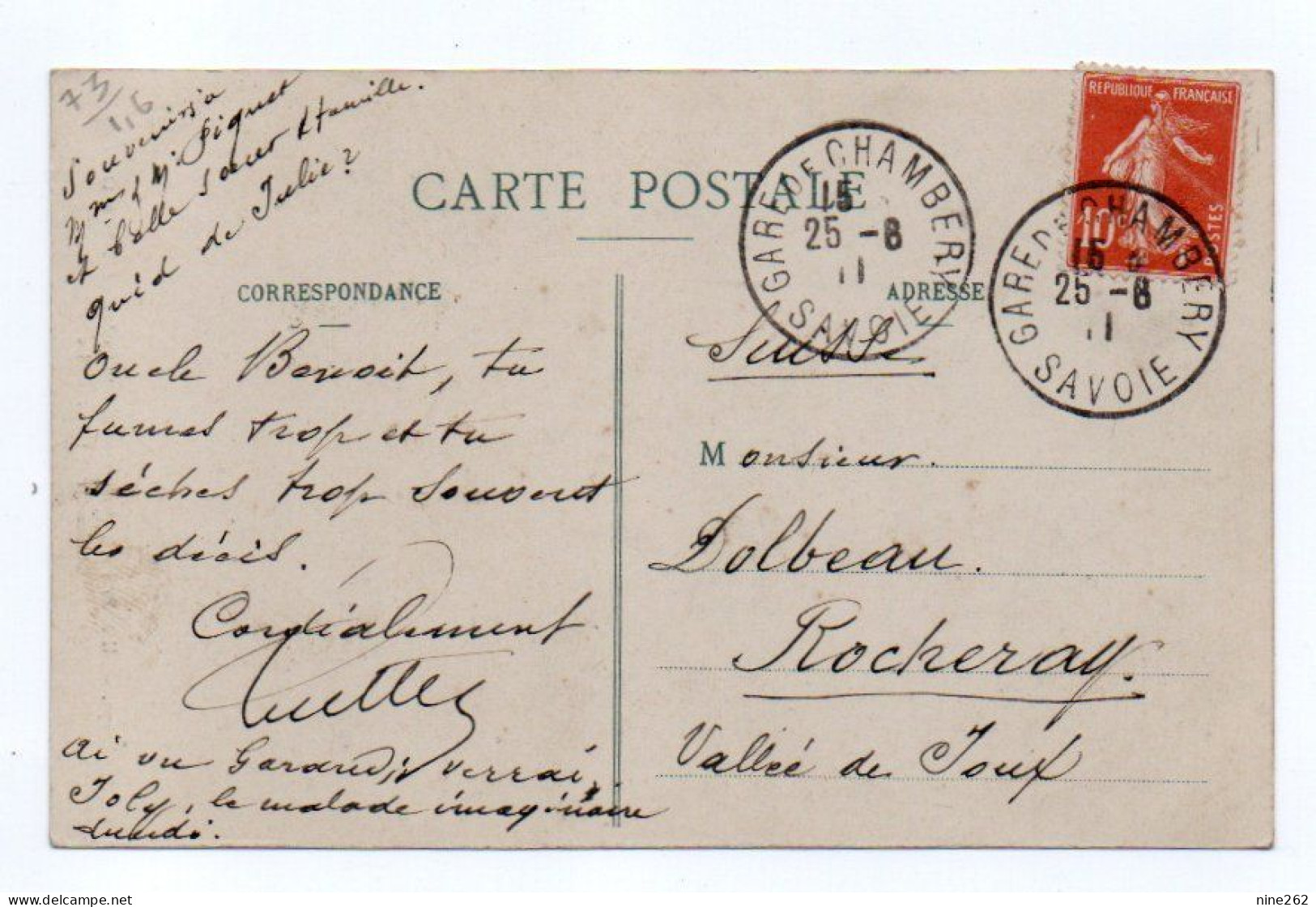 SAVOIE...CHAMBERY....CACHET DAGUIN ..GARE DE CHAMBERY....1911. - Autres & Non Classés