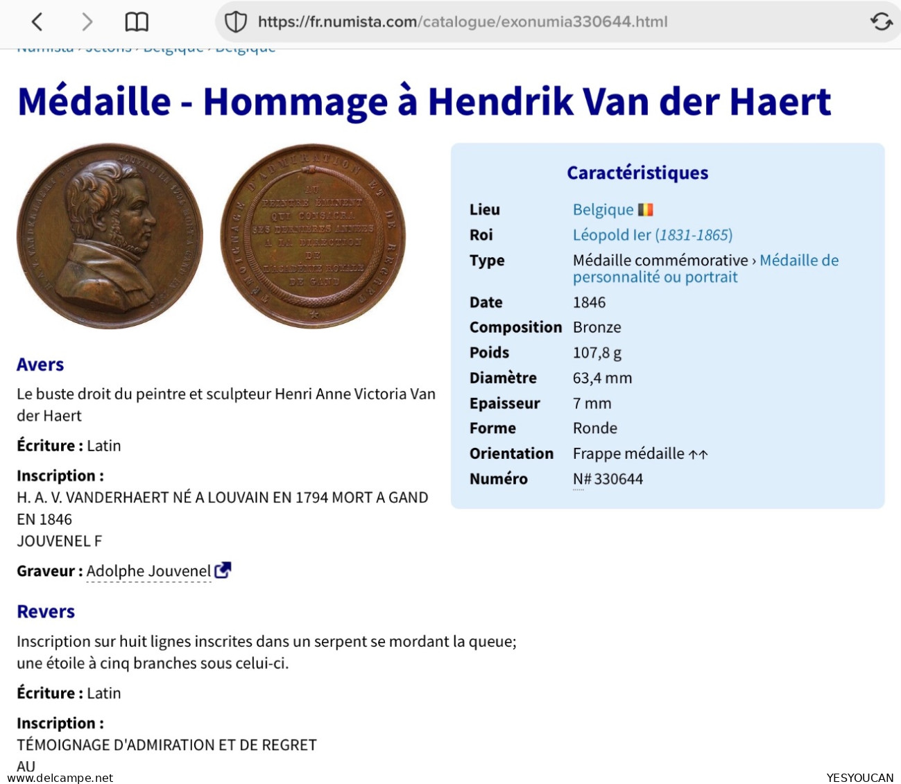 Belgique~MS63 VANDERHAERT PEINTRE: LOUVAIN 1794 MORT GAND 1846 Médaille Par Jouvenel (medal Belgium Art Painter - Unclassified