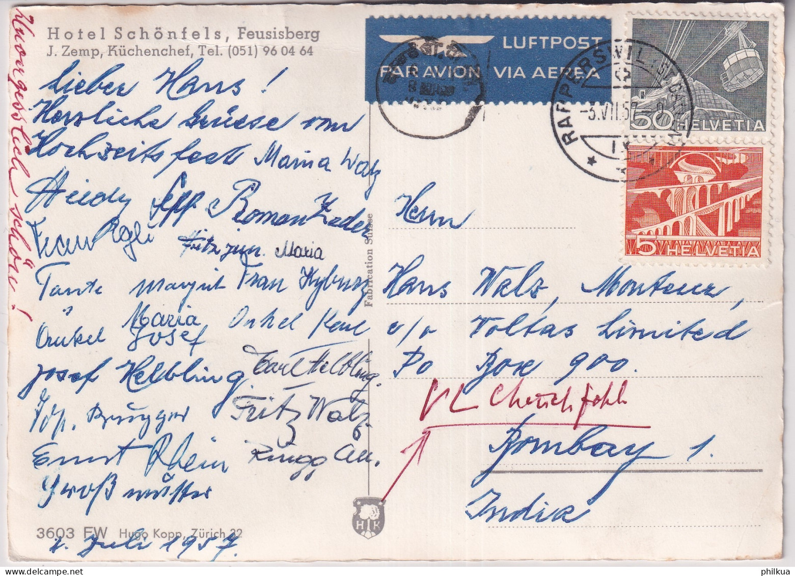 Hotel Schönfels - Feusisberg - AUSLAND-FLUGPOST: Gelaufen 1957 Nach BOMBAY (Indien) - Feusisberg