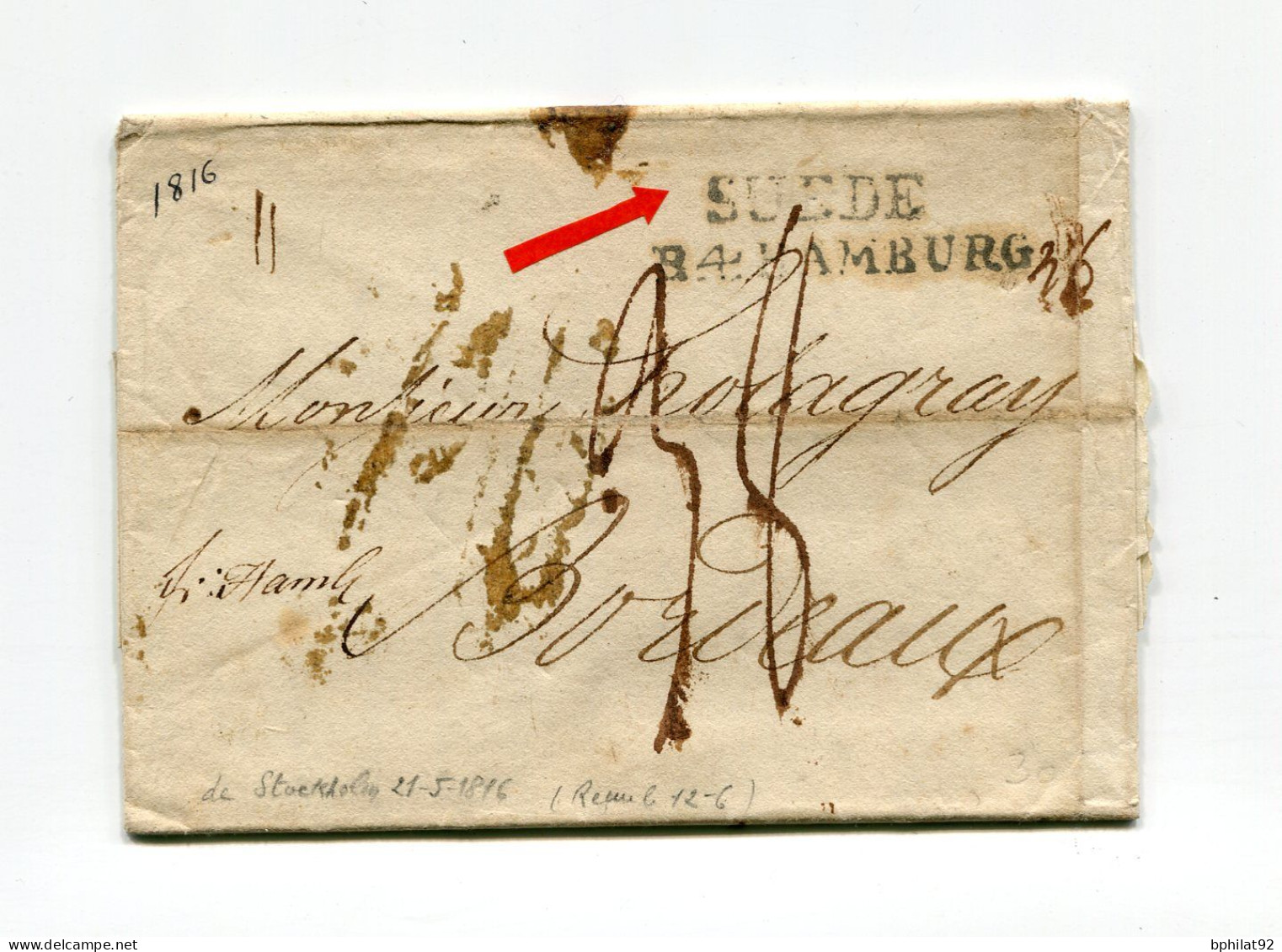 !!! LETTRE DE STOCKHOLM DE 1816 POUR BORDEAUX,  AVEC MARQUE DE PROVENANCE "SUEDE" - ... - 1855 Préphilatélie