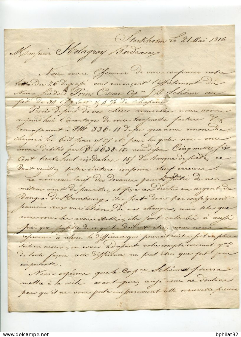 !!! LETTRE DE STOCKHOLM DE 1816 POUR BORDEAUX,  AVEC MARQUE DE PROVENANCE "SUEDE" - ... - 1855 Prefilatelia