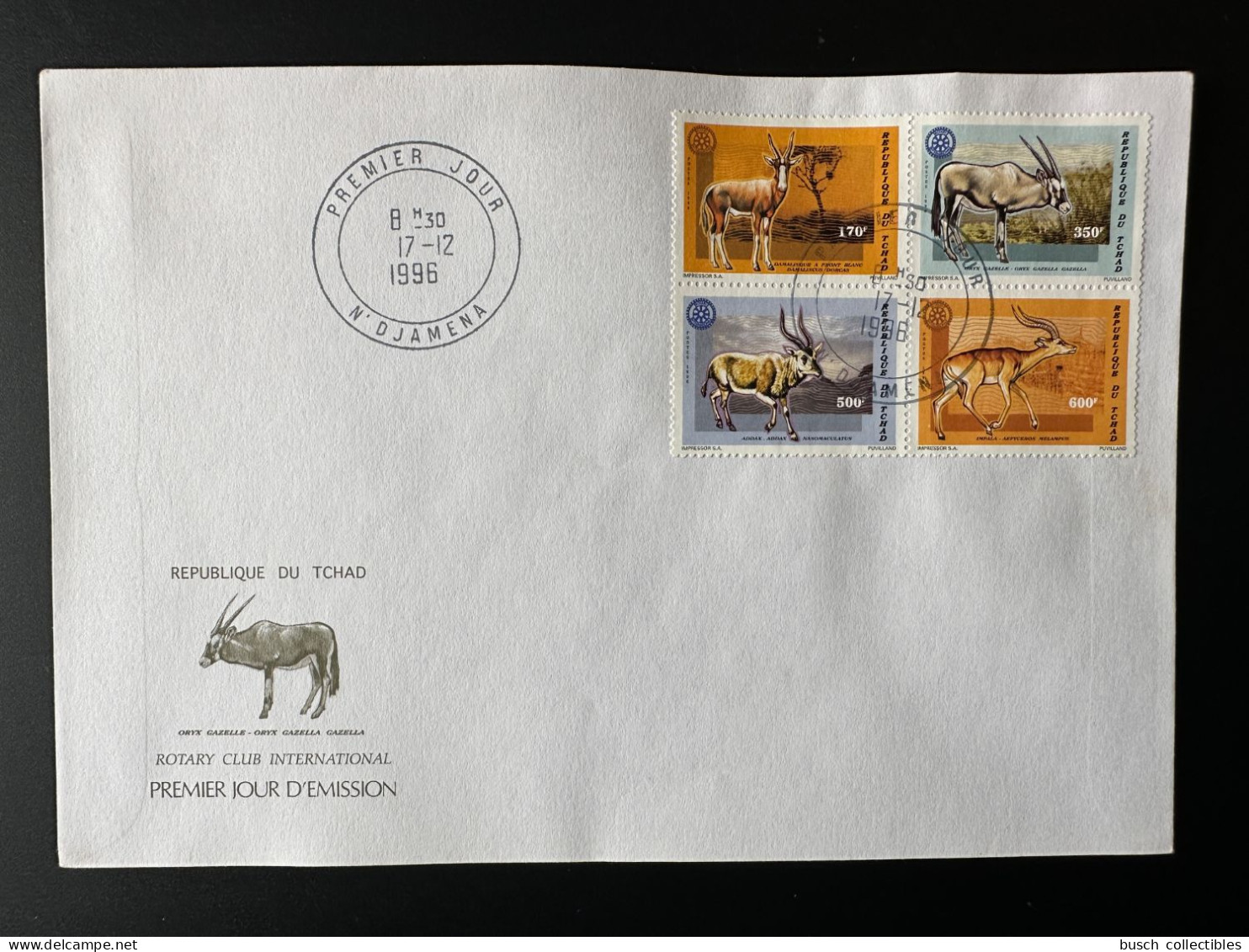Tchad Chad Tschad 1996 Mi. 1448 - 1451 FDC 1er Jour Rotary International Faune Fauna Impalla Oryx Gazelle Addax - Rotary, Lions Club