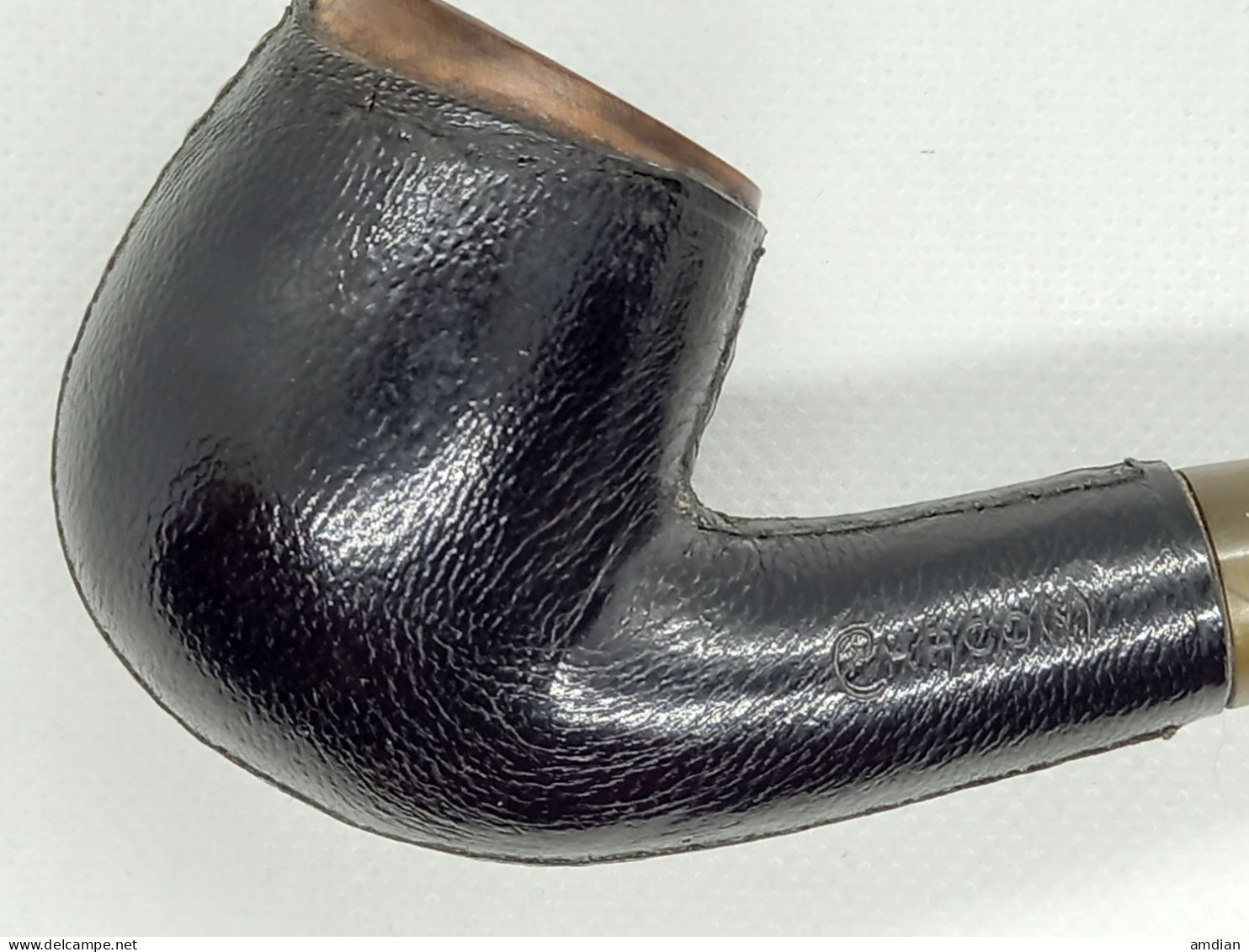 CHACOM 42 Bent Billiard Leather Pipe, Used Vintage Smoking Tobacco Pipe Made In France - Pijpen In Bruyèrehout