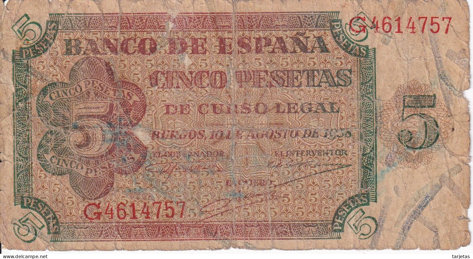 BILLETE DE ESPAÑA DE 5 PTAS DE BURGOS DEL AÑO 1938 SERIE G  (BANKNOTE) - 5 Peseten