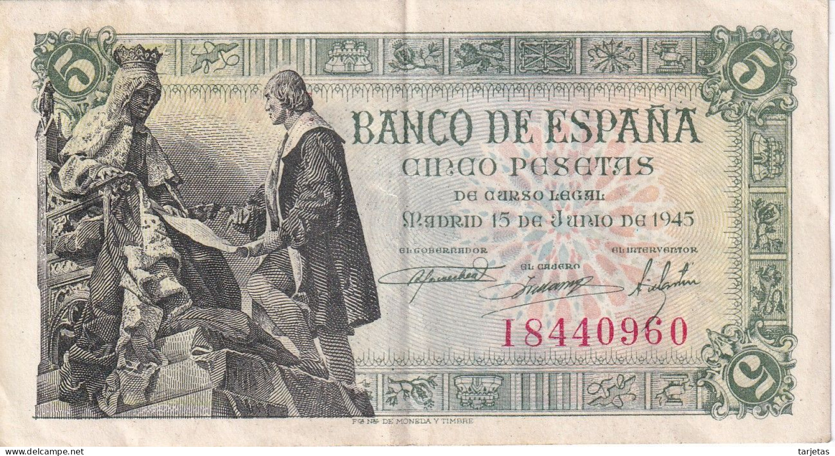 BILLETE DE ESPAÑA DE 5 PTAS DEL 15/06/1945 SERIE I CALIDAD MBC (VF) (BANKNOTE) - 5 Pesetas