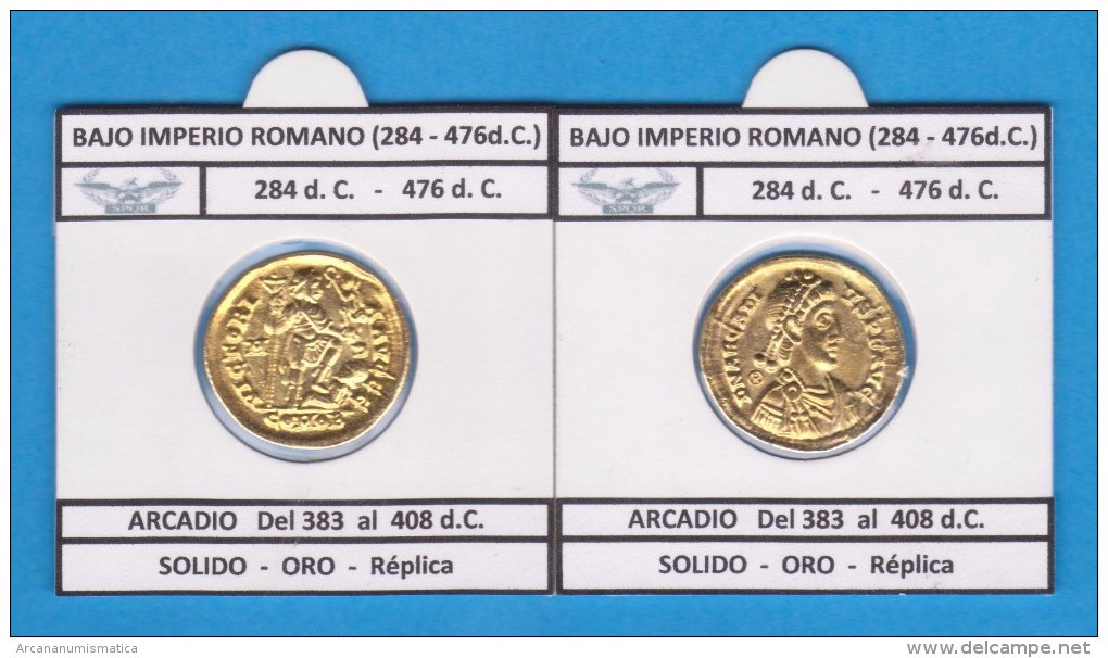 BAJO Imperio Romano ARCADIO Del 383 Al 408 D.C. SOLIDO ORO Réplica  SC T-DL-11.761 - Imitazioni