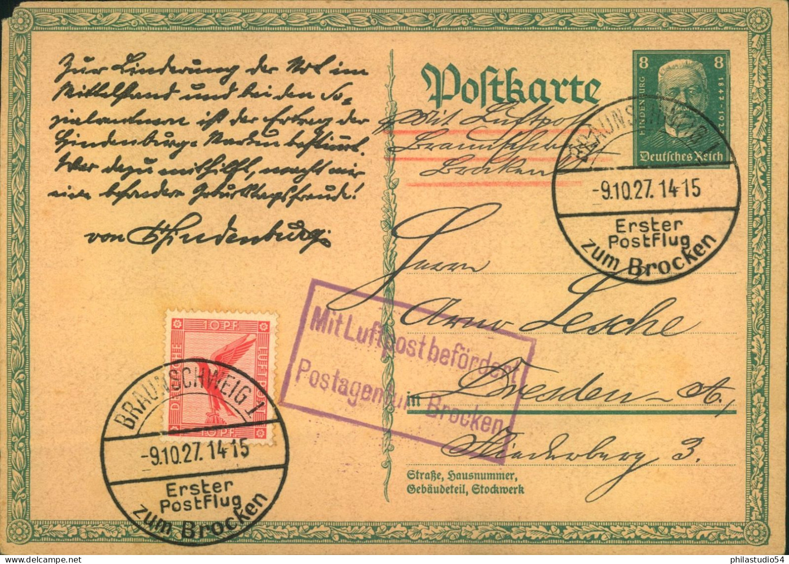 1927, "Erster Postflug Zum Brocken" - Autres & Non Classés