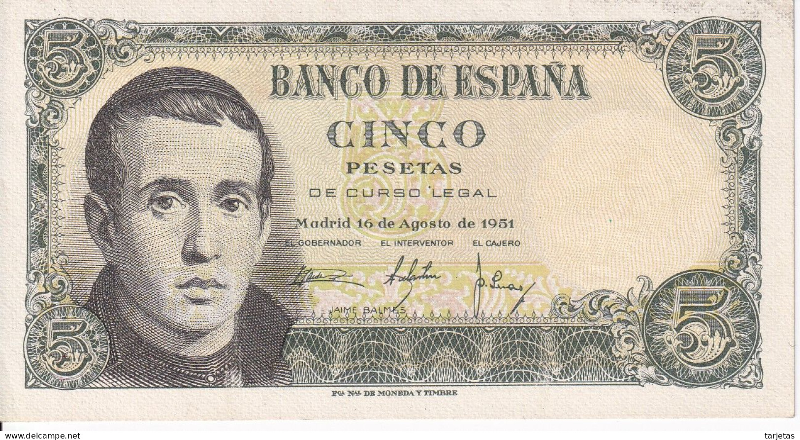 BILLETE DE ESPAÑA DE 5 PTAS DEL 16/08/1951 SERIE U SIN CIRCULAR (UNC) (BANKNOTE) - 5 Pesetas