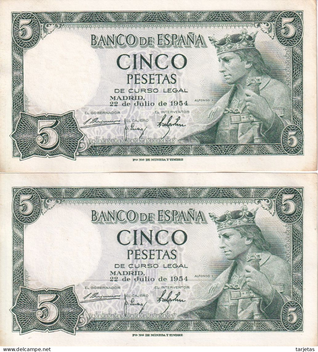 PAREJA CORRELATIVA DE 5 PTAS DEL AÑO 1954 SERIE R DE ALFONSO X EN CALIDAD EBC (XF) (BANKNOTE) - 5 Peseten