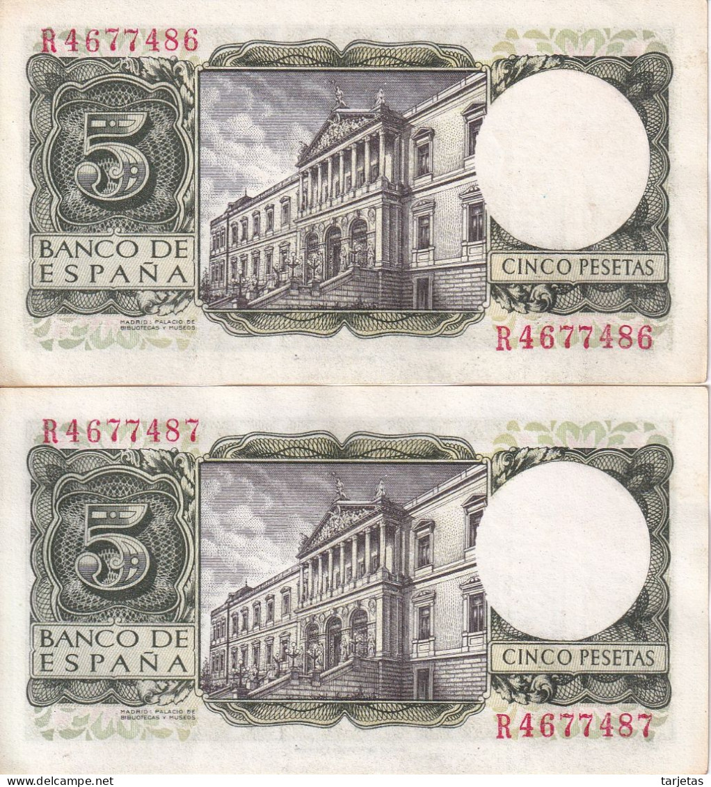 PAREJA CORRELATIVA DE 5 PTAS DEL AÑO 1954 SERIE R DE ALFONSO X EN CALIDAD EBC (XF) (BANKNOTE) - 5 Pesetas