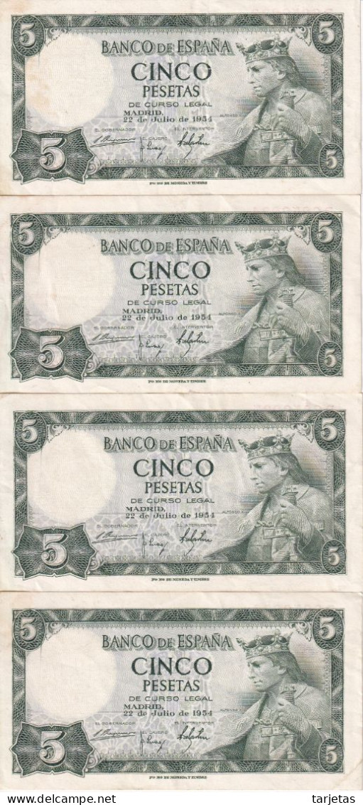 CUARTETO CORRELATIVO DE 5 PTAS DEL AÑO 1954 SERIE R DE ALFONSO X EN CALIDAD MBC (VF) (BANKNOTE) - 5 Pesetas