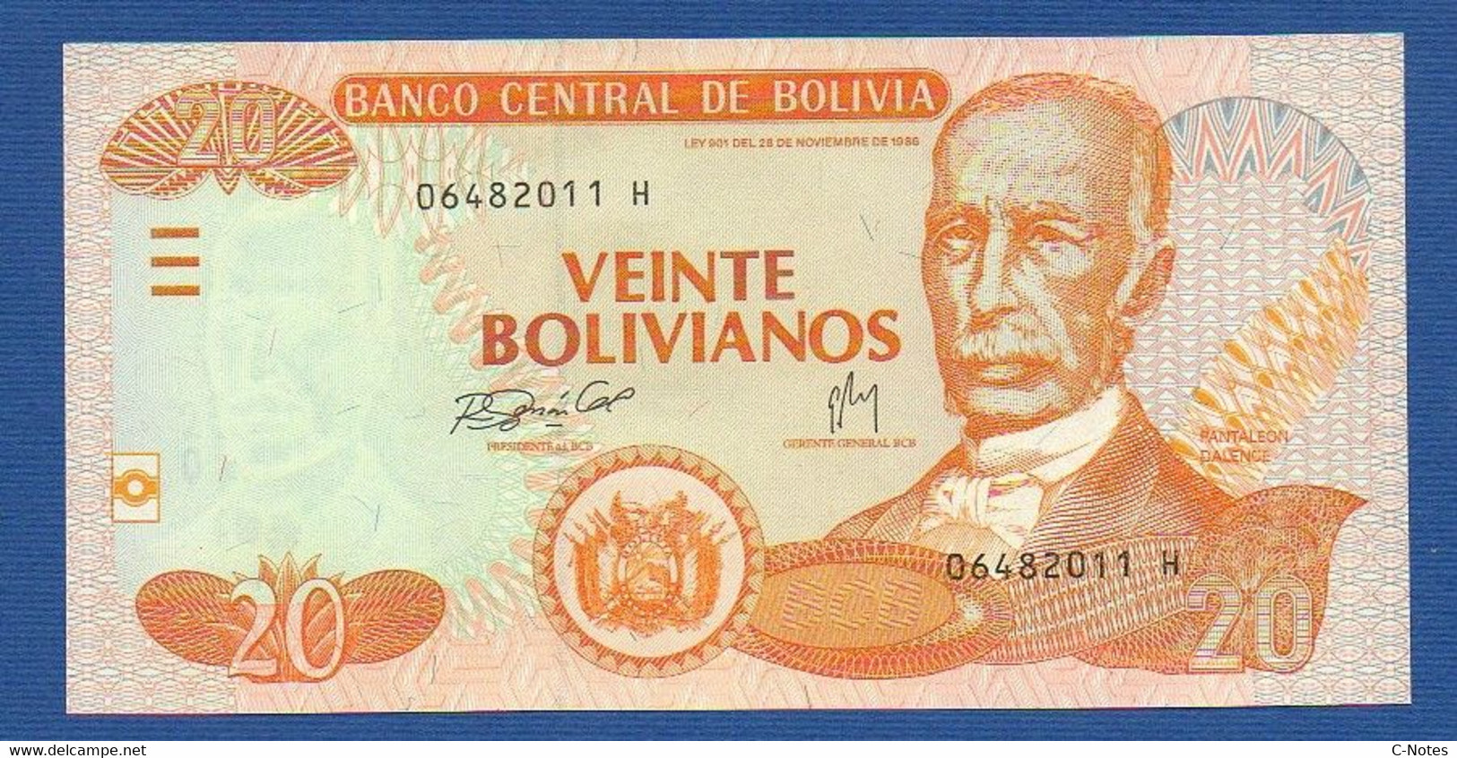 BOLIVIA - P.234 – 20 Bolivianos  L. 1986 UNC, Serie H 06482011 Printer FCO - Bolivië