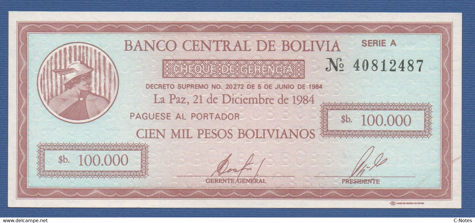 BOLIVIA - P.188 – 100.000 Pesos Bolivianos D.05.06.1984 AUNC Serie A 40812487 - Bolivie