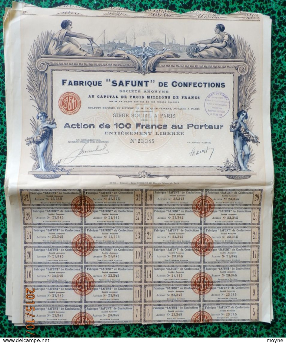 1 Action  - FABRIQUE " SAFUNT " DE CONFECTIONS - ART DECO  -  Action De CENT FRANCS AU PORTEUR  1928 Belles Vignettes - Textile