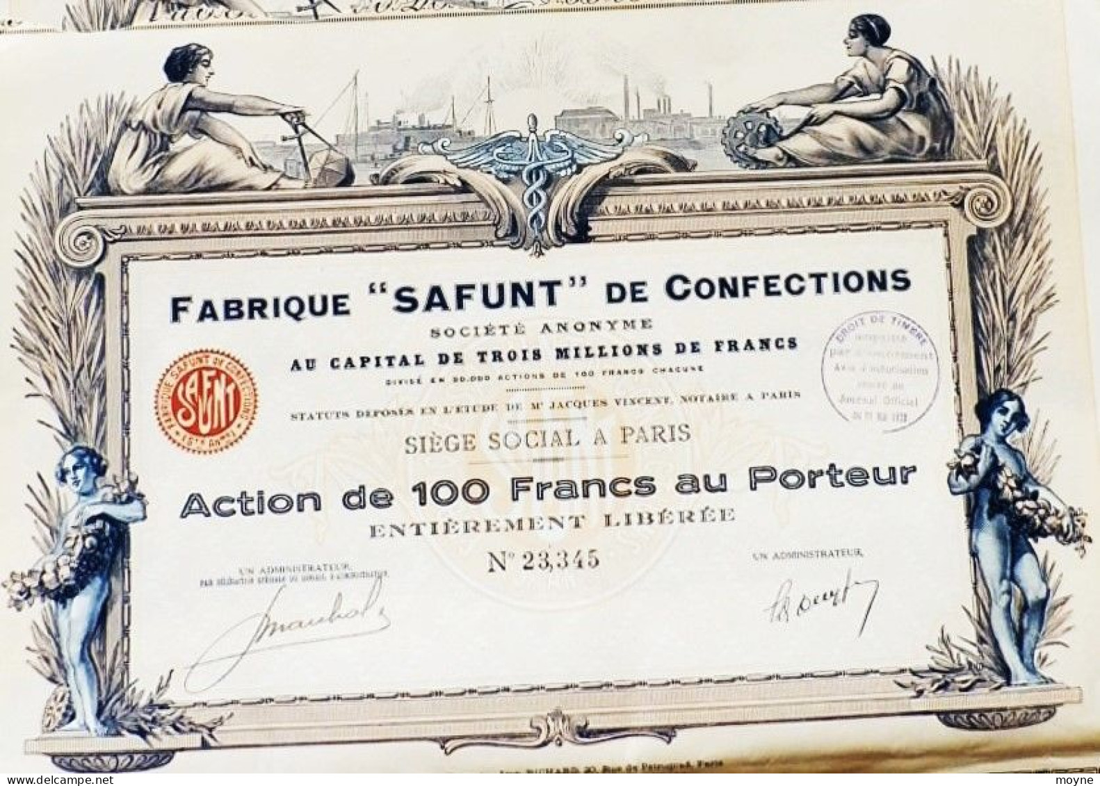 1 Action  - FABRIQUE " SAFUNT " DE CONFECTIONS - ART DECO  -  Action De CENT FRANCS AU PORTEUR  1928 Belles Vignettes - Textile