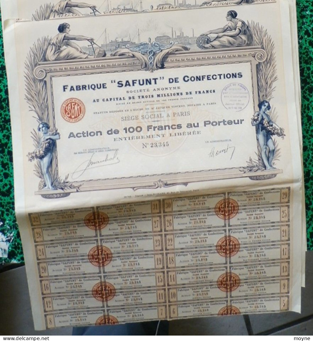 1 Action  - FABRIQUE " SAFUNT " DE CONFECTIONS - ART DECO  -  Action De CENT FRANCS AU PORTEUR  1928 Belles Vignettes - Textile