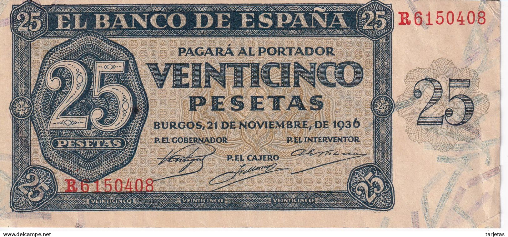 BILLETE DE ESPAÑA DE 25 PTAS DEL 21/11/1936 SERIE R CALIDAD MBC (VF) (BANKNOTE) - 25 Pesetas