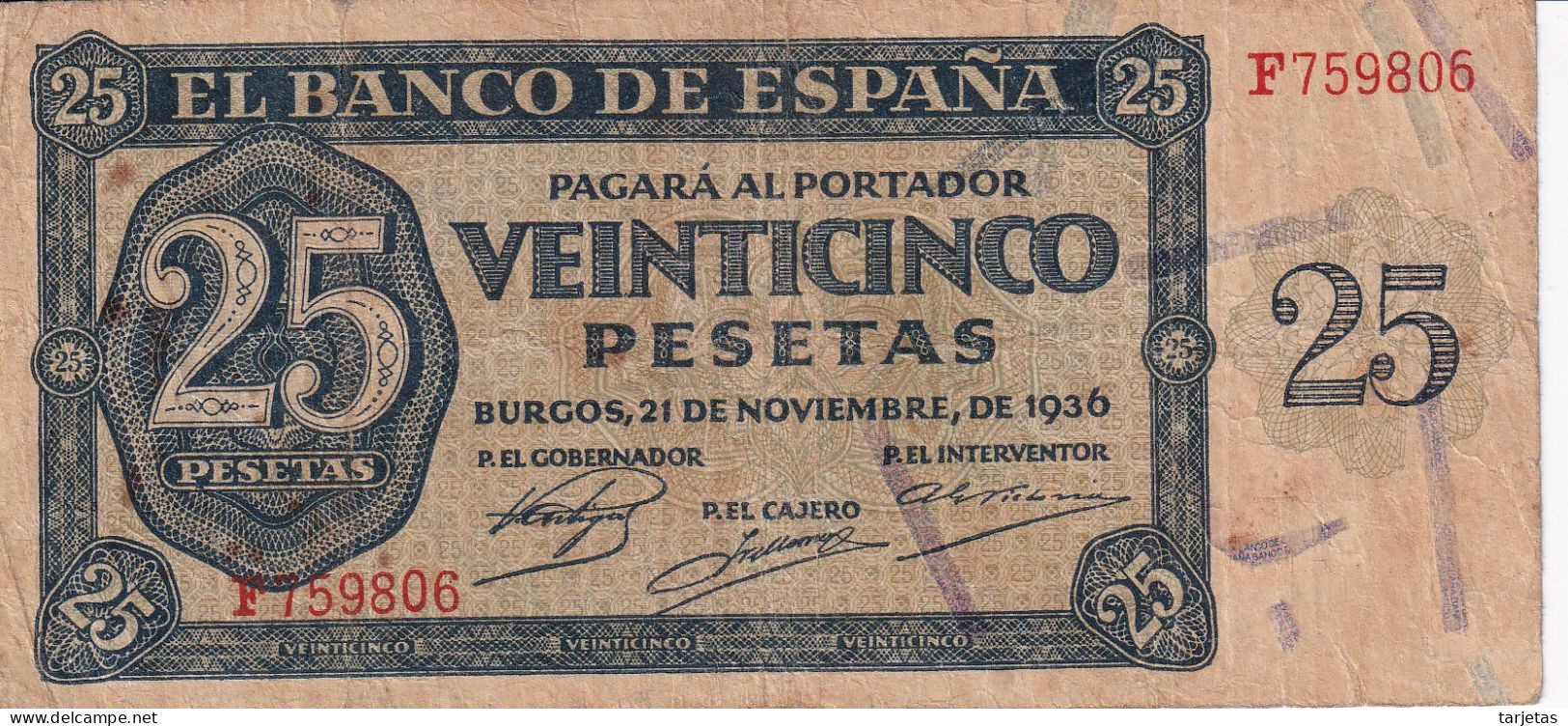 BILLETE DE ESPAÑA DE 25 PTAS DEL 21/11/1936 SERIE F CALIDAD BC (BANKNOTE) - 25 Pesetas